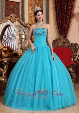 Puffy Teal Tulle Quinceanera Dress Embroidery Bead