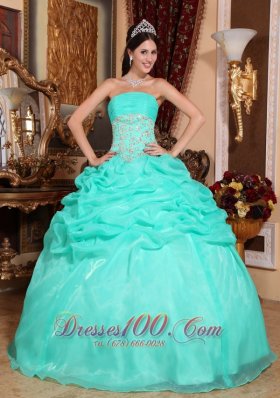 2013 Turquoise Quinceanera Dress Appliques Pick-up