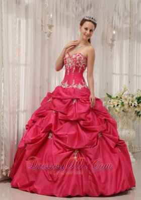 Coral Red Quinceanera Dress Appliques Pick-ups Sweetheart