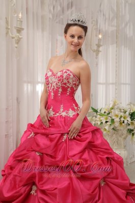 Coral Red Quinceanera Dress Appliques Pick-ups Sweetheart