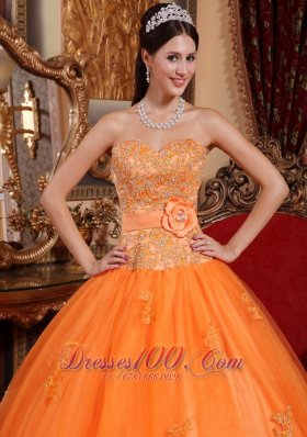 Orange Tulle Quinceanera Dress Appliques Sash