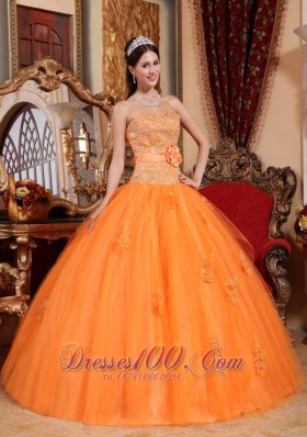 Orange Tulle Quinceanera Dress Appliques Sash