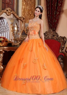 Orange Tulle Quinceanera Dress Appliques Sash