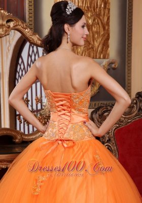 Orange Tulle Quinceanera Dress Appliques Sash