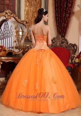 Orange Tulle Quinceanera Dress Appliques Sash