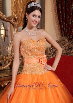 Orange Tulle Quinceanera Dress Appliques Sash