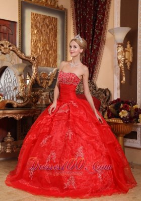 Pretty Red Quinceanera Dress Appliques Organza