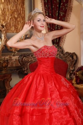 Pretty Red Quinceanera Dress Appliques Organza