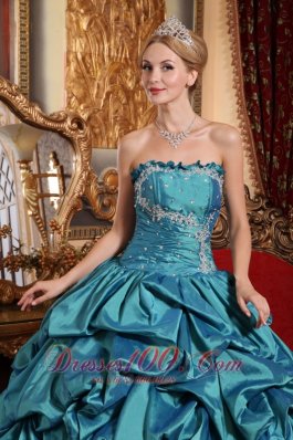 Popular Teal Quinceanera Dress Appliques Pick-ups Strapless