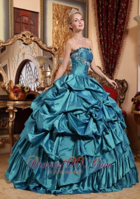 Popular Teal Quinceanera Dress Appliques Pick-ups Strapless