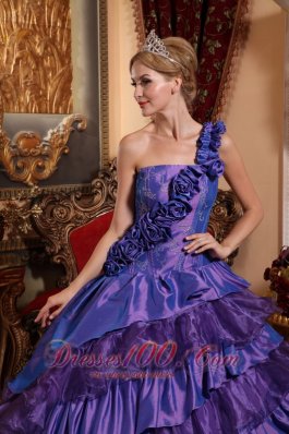 Purple Quinceanera Dress One Shoulder Hand Flowers Ruffles