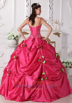 Hot Pink Quinceanera Dress Spaghetti Straps Hand Flowers