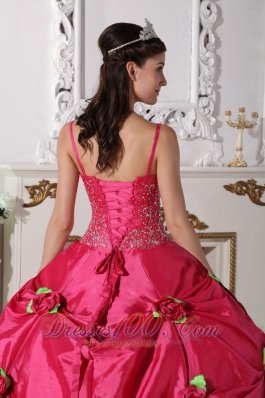 Hot Pink Quinceanera Dress Spaghetti Straps Hand Flowers