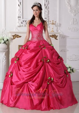 Hot Pink Quinceanera Dress Spaghetti Straps Hand Flowers