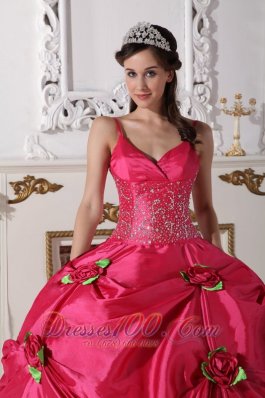 Hot Pink Quinceanera Dress Spaghetti Straps Hand Flowers