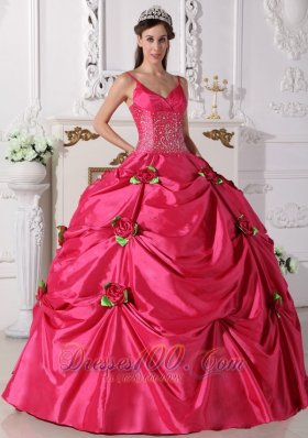 Hot Pink Quinceanera Dress Spaghetti Straps Hand Flowers