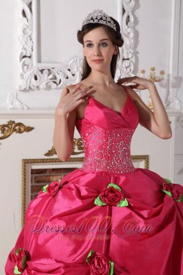 Hot Pink Quinceanera Dress Spaghetti Straps Hand Flowers