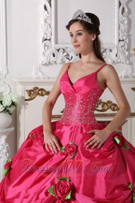 Hot Pink Quinceanera Dress Spaghetti Straps Hand Flowers