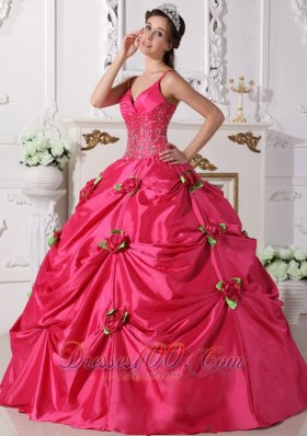 Hot Pink Quinceanera Dress Spaghetti Straps Hand Flowers