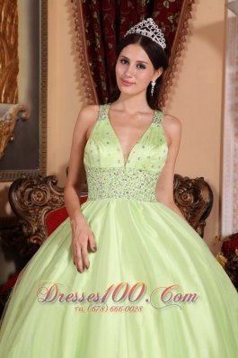 2013 Spring Yellow Green V-neck Beading Quinceanera Dress