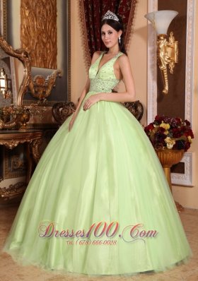 2013 Spring Yellow Green V-neck Beading Quinceanera Dress