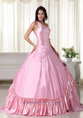 2013 Baby Pink Beading Embroidery One Shoulder Quinceanera Dress