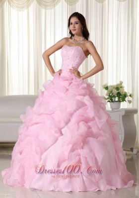 Pink Bead Floor-length Quinceanera Dress Strapless Organza Puffy