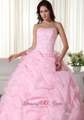 Pink Bead Floor-length Quinceanera Dress Strapless Organza Puffy