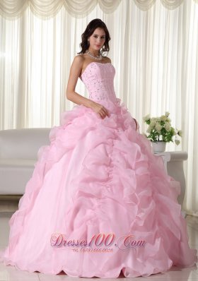 Pink Bead Floor-length Quinceanera Dress Strapless Organza Puffy