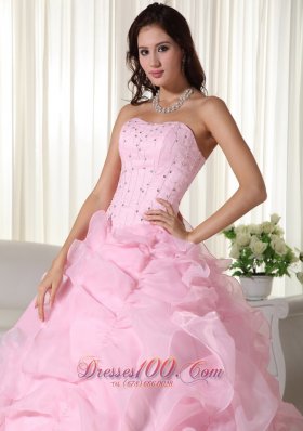 Pink Bead Floor-length Quinceanera Dress Strapless Organza Puffy