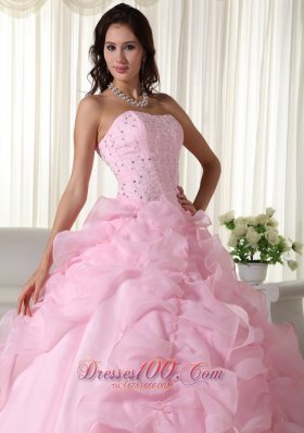 Pink Bead Floor-length Quinceanera Dress Strapless Organza Puffy