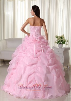 Pink Bead Floor-length Quinceanera Dress Strapless Organza Puffy