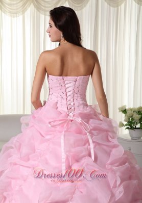 Pink Bead Floor-length Quinceanera Dress Strapless Organza Puffy