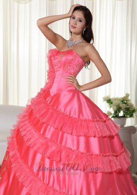 Embroidery Coral Red Floor-length Strapless Quinceanera Dress