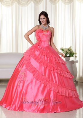 Embroidery Coral Red Floor-length Strapless Quinceanera Dress