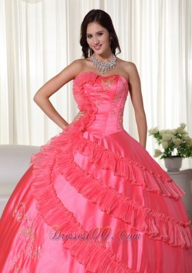 Embroidery Coral Red Floor-length Strapless Quinceanera Dress