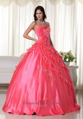 Embroidery Coral Red Floor-length Strapless Quinceanera Dress