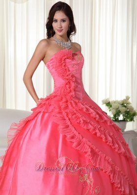 Embroidery Coral Red Floor-length Strapless Quinceanera Dress