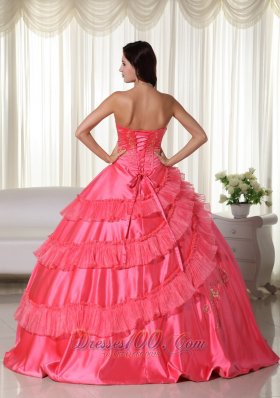 Embroidery Coral Red Floor-length Strapless Quinceanera Dress