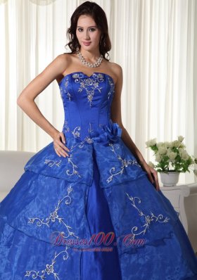 Royal Blue Strapless Organza Embroidery Quinceanera Dress