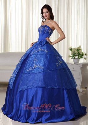 Royal Blue Strapless Organza Embroidery Quinceanera Dress