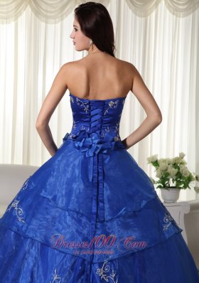 Royal Blue Strapless Organza Embroidery Quinceanera Dress