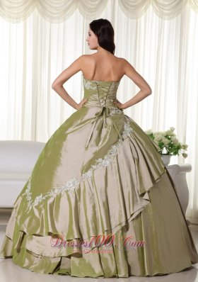 Olive Green Hand Flowers Taffeta Appliques Quinceanera Dress