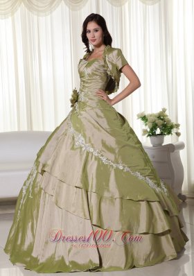 Olive Green Hand Flowers Taffeta Appliques Quinceanera Dress