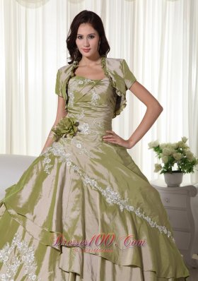 Olive Green Hand Flowers Taffeta Appliques Quinceanera Dress