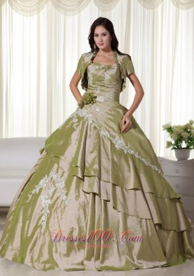 Olive Green Hand Flowers Taffeta Appliques Quinceanera Dress