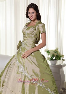 Olive Green Hand Flowers Taffeta Appliques Quinceanera Dress