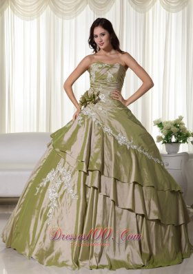 Olive Green Hand Flowers Taffeta Appliques Quinceanera Dress