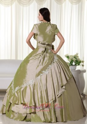 Olive Green Hand Flowers Taffeta Appliques Quinceanera Dress