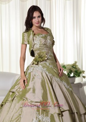 Olive Green Hand Flowers Taffeta Appliques Quinceanera Dress